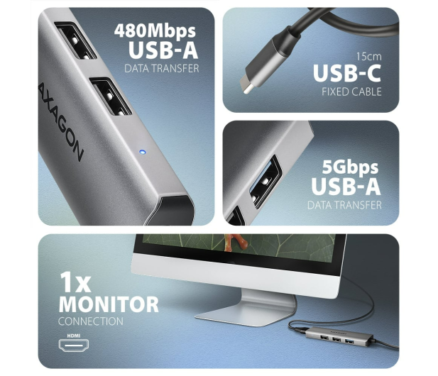 Axagon HMC-H3A USB-C 5Gbps STARTER 4in1 hub - 1485460 - zdjęcie 2